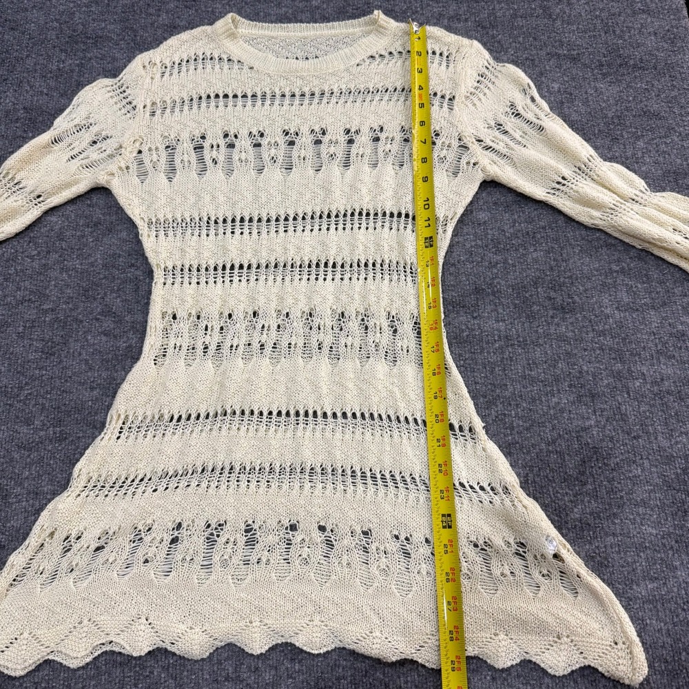 Cream Open Knit Crochet Bell Sleeve Tunic Top Scalloped Hem Boho Cute Size Med - Picture 7 of 7